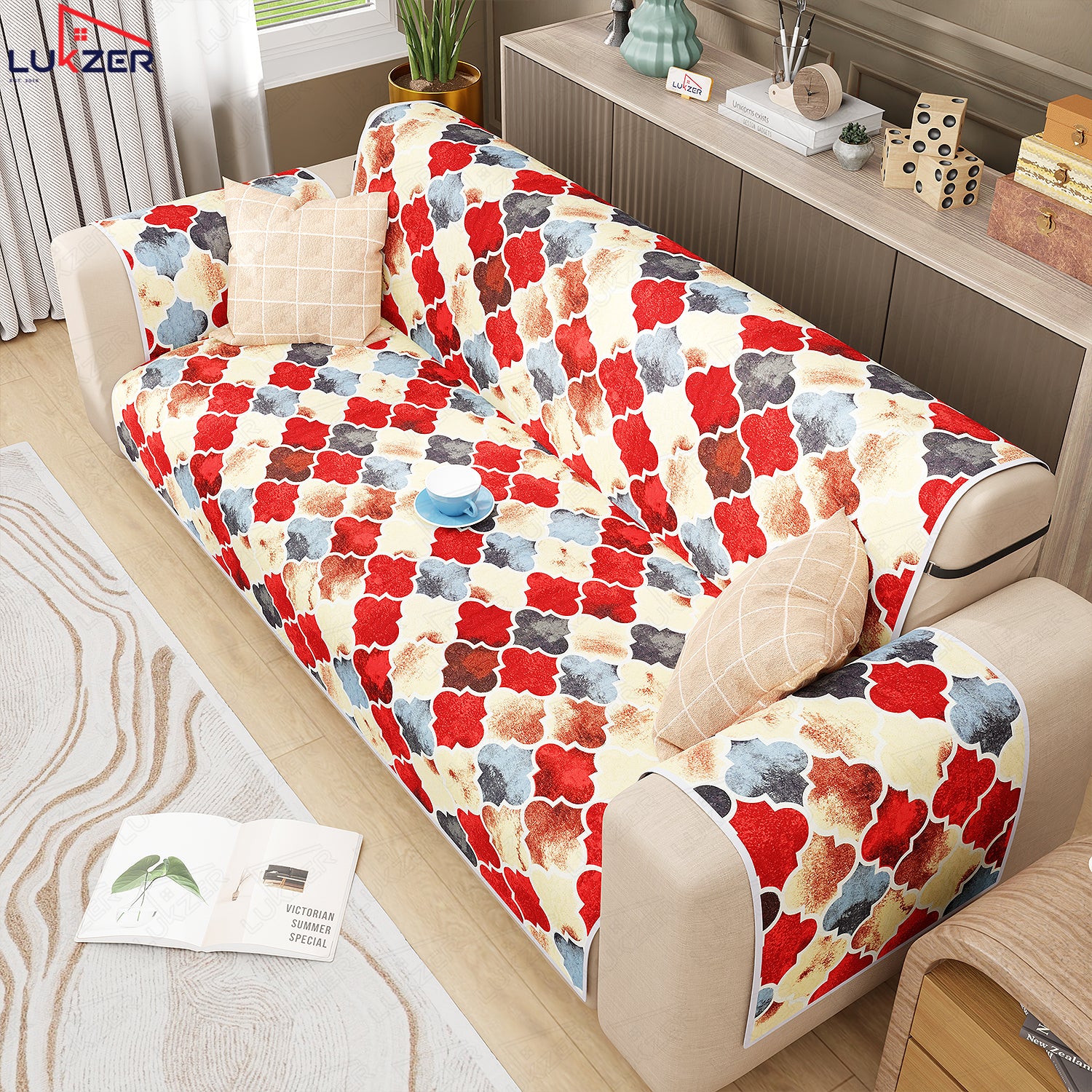 Lukzer Quilted Reversible Sofa Cover Mat with Arms | Polyester Blend 350 GSM Full Coverage &amp; Back Belt for Stability | Washable Furniture Protector.