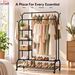 Lukzer Metal Garment Stand with 6 Shelves & Double Rods with Side Hooks & Wheels (MGS-008)