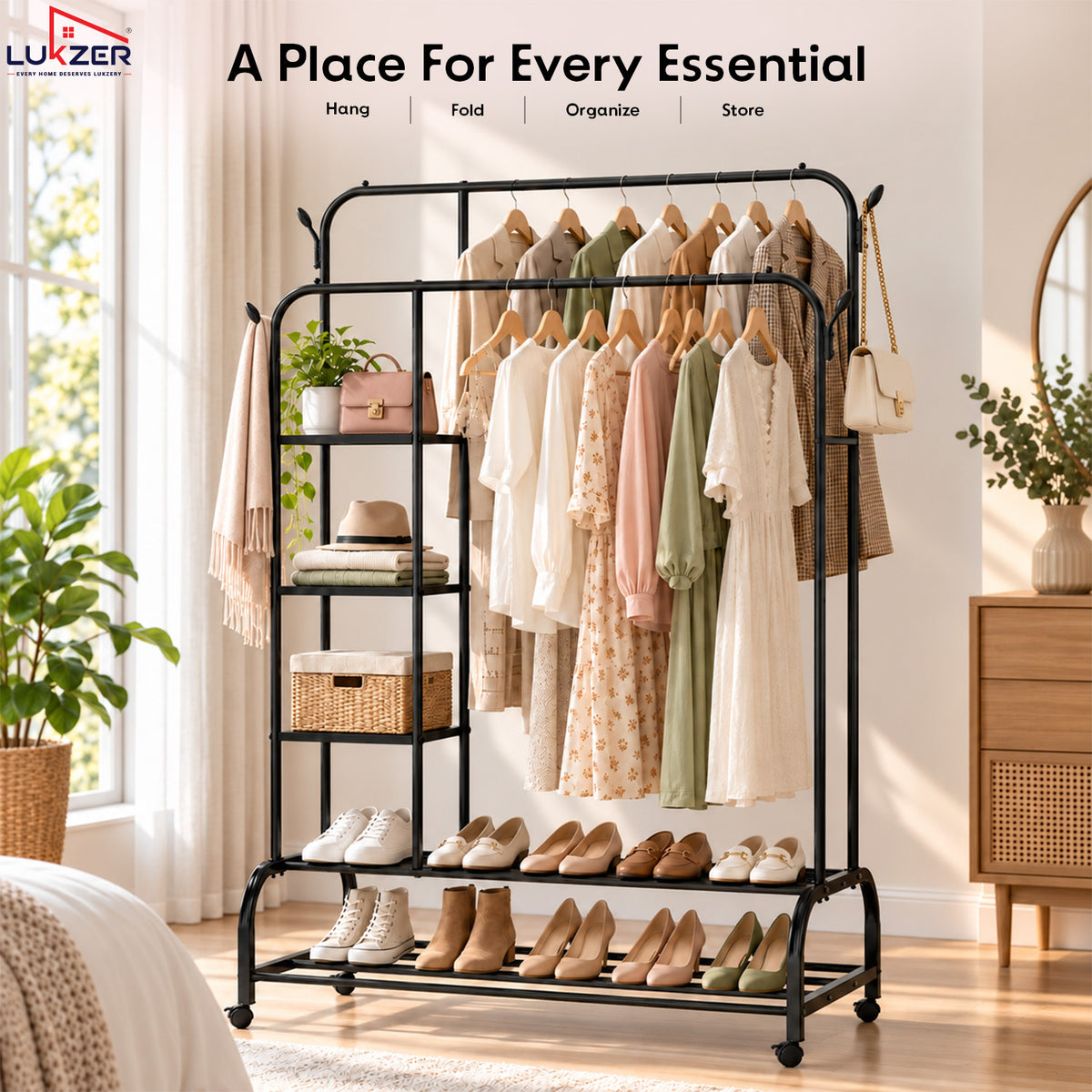 Lukzer Metal Garment Stand with 6 Shelves & Double Rods with Side Hooks & Wheels (MGS-008)
