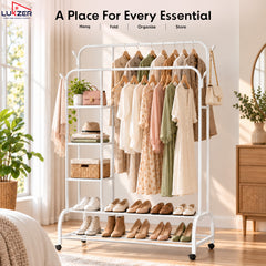 Lukzer Metal Garment Stand with 6 Shelves & Double Rods with Side Hooks & Wheels (MGS-008)