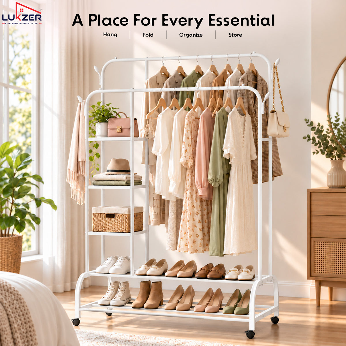 Lukzer Metal Garment Stand with 6 Shelves & Double Rods with Side Hooks & Wheels (MGS-008)