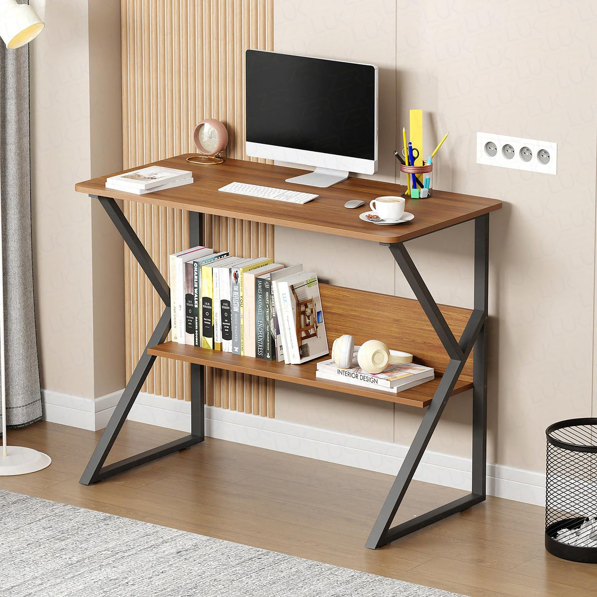Lukzer Modern Engineered Wood Computer Desk with Bookshelf Oak Brown Top & Black Frame (MST-001)