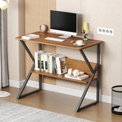 Lukzer Modern Engineered Wood Computer Desk with Bookshelf Oak Brown Top & Black Frame (MST-001)