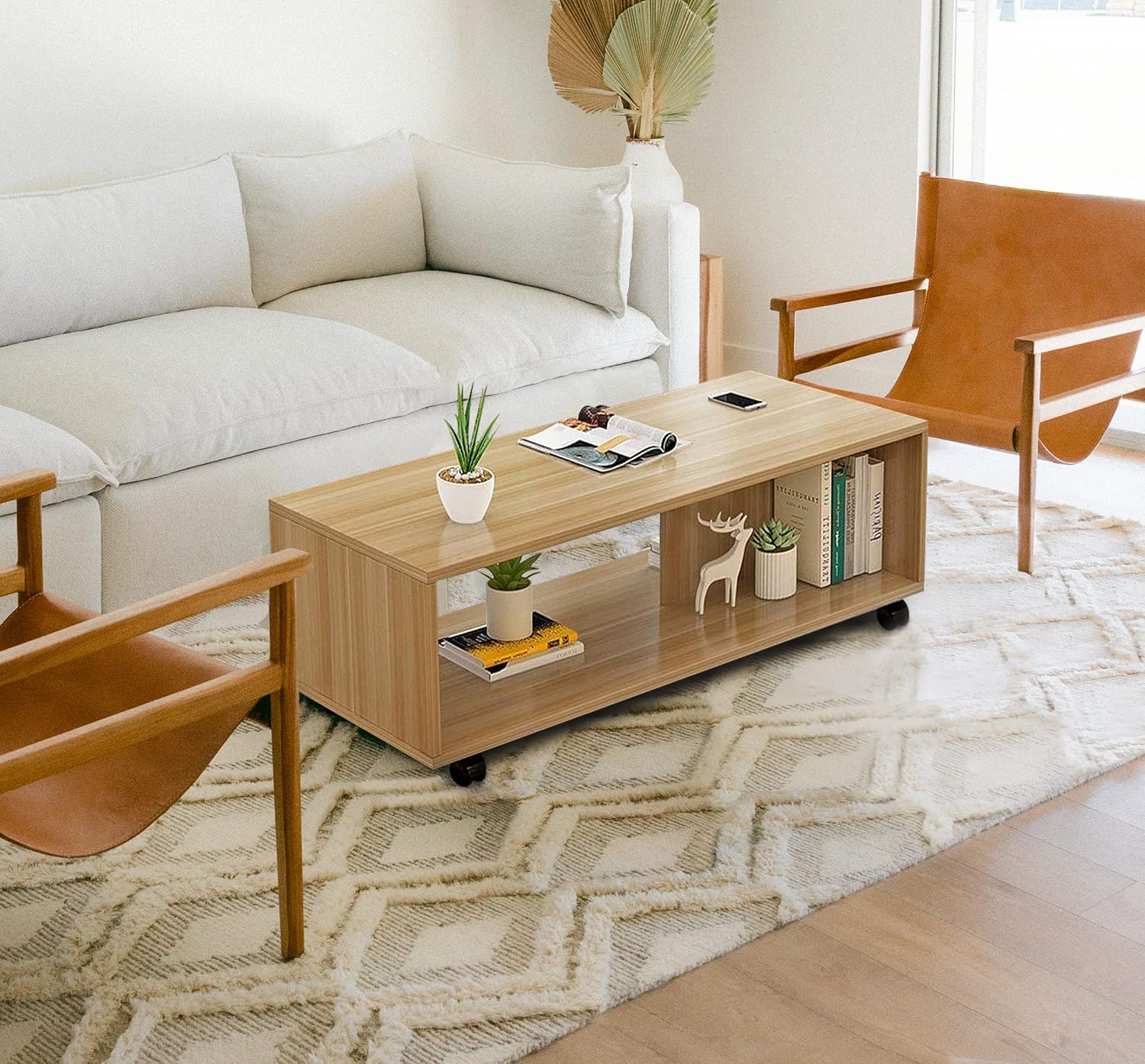Lukzer Engineered Wood Center Table with Wheels Open Storage Desk (CT-003/Oak)