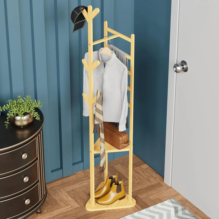 Lukzer Triangular Bamboo Coat & Garment Stand with 6 Side Hooks & Dual Shelves (CH-035)
