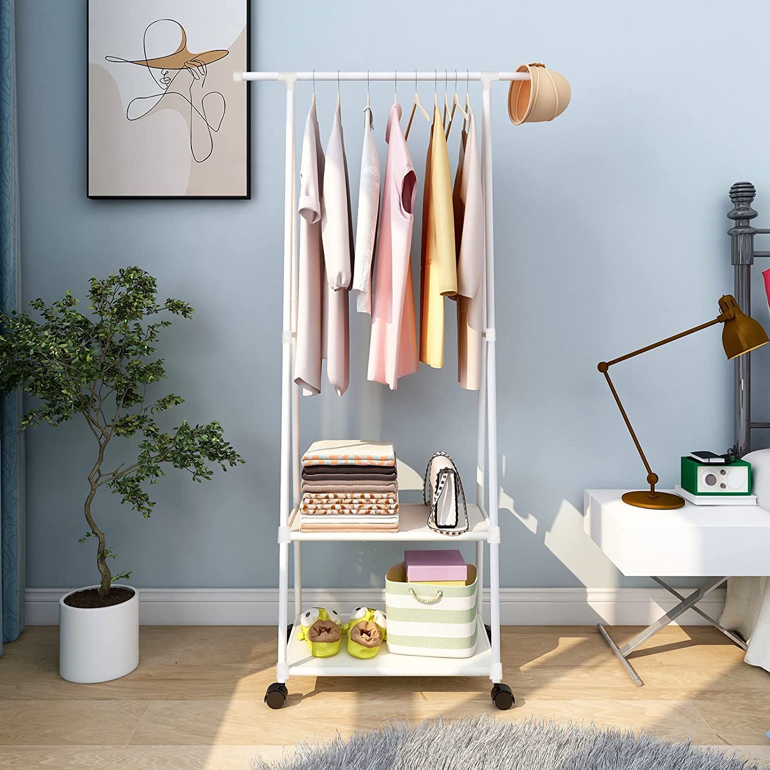Lukzer A- Shape Metal Multipurpose Garment Rack with 2 Bottom Shelves White