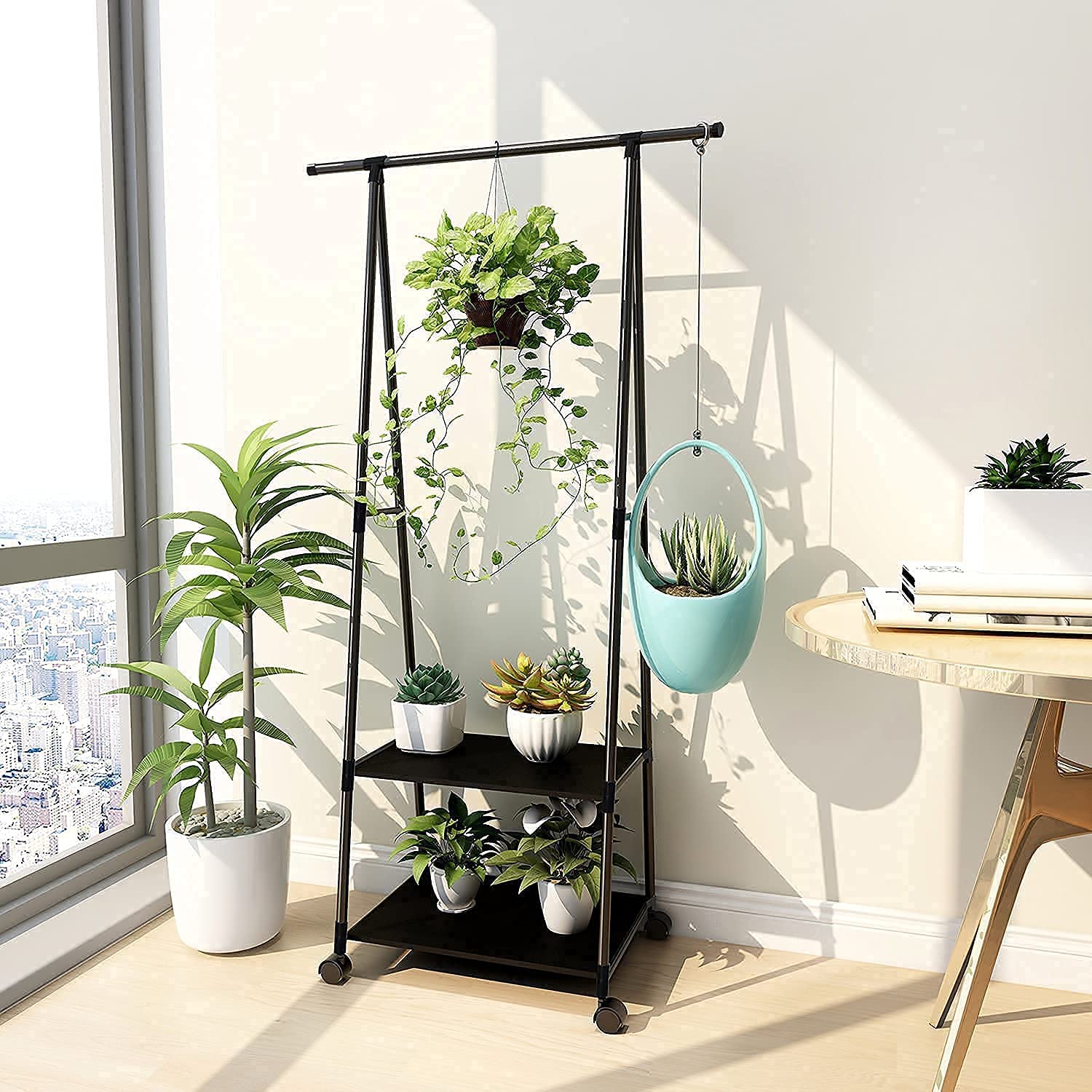 Lukzer A- Shape Metal Multipurpose Garment Rack with 2 Bottom Shelves Black