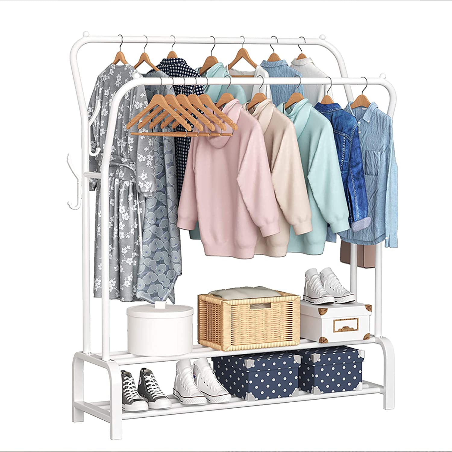 Lukzer Metal Cloth Stand with 2 Hanging Rods & Dual Storage Shelves (MGS-003/White)