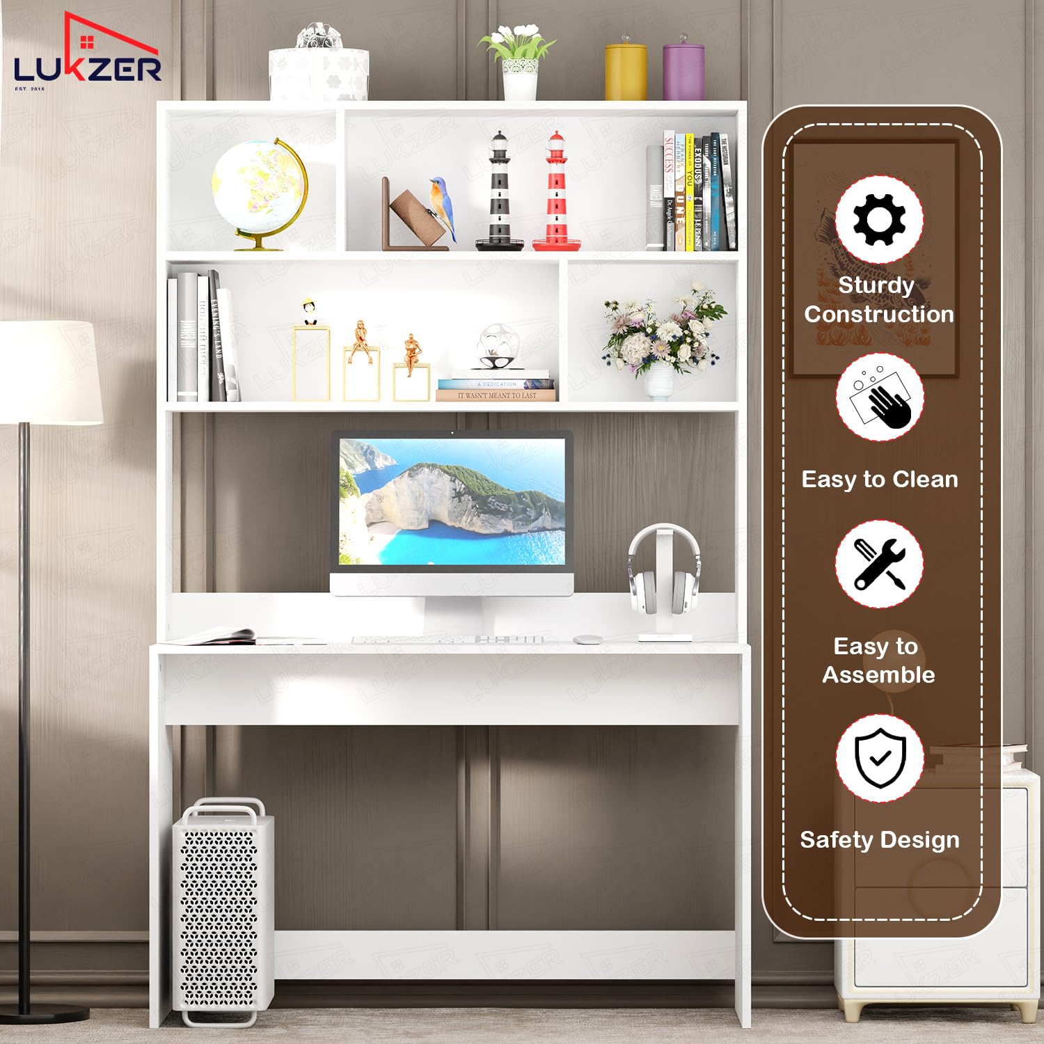Lukzer Multi-Purpose Study & Computer Desk with Bookshelf Made with Engineered Wood (ST-008/White)