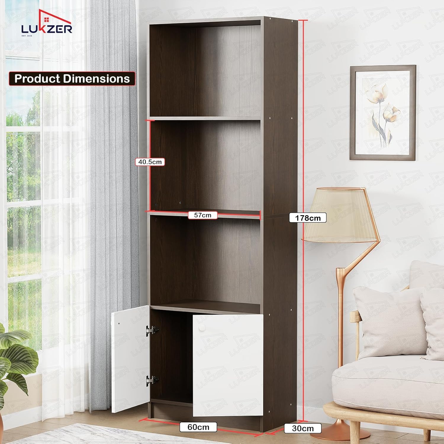 Lukzer 4-Layer Engineered Wood Bookshelf with Door | Multipurpose Rack (MR-020/Wenge)