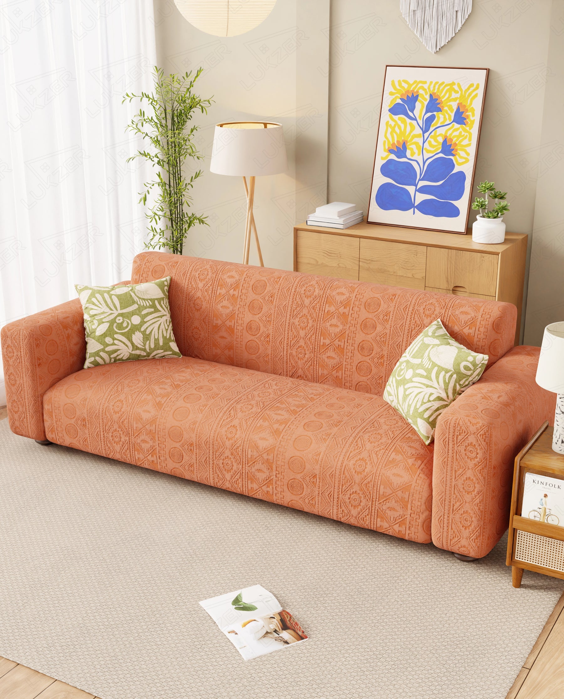 Lukzer Pastel Shades Textured Sofa Cover - Orange Tribal Design (SC-074-01)