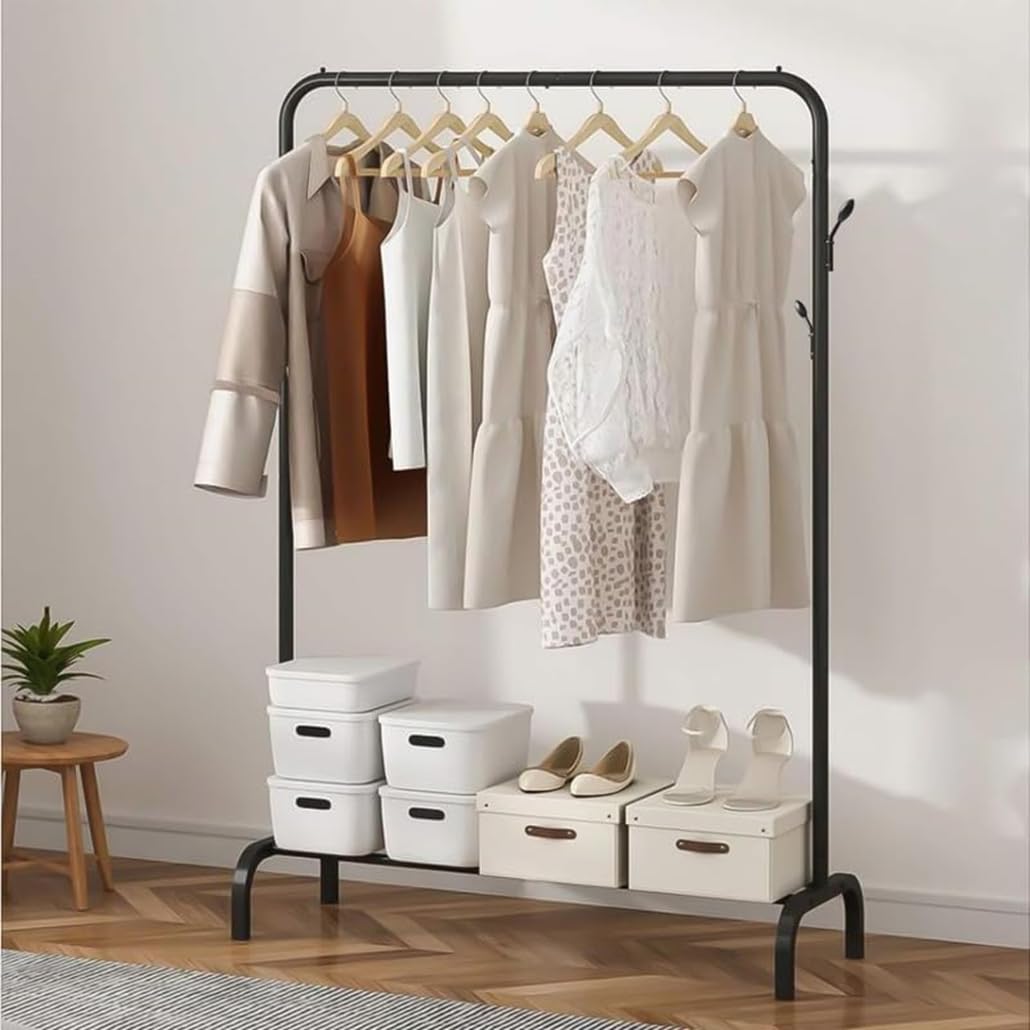 Lukzer Freestanding Metal Cloth Stand with Storage Shelf (MGS-001/Black)