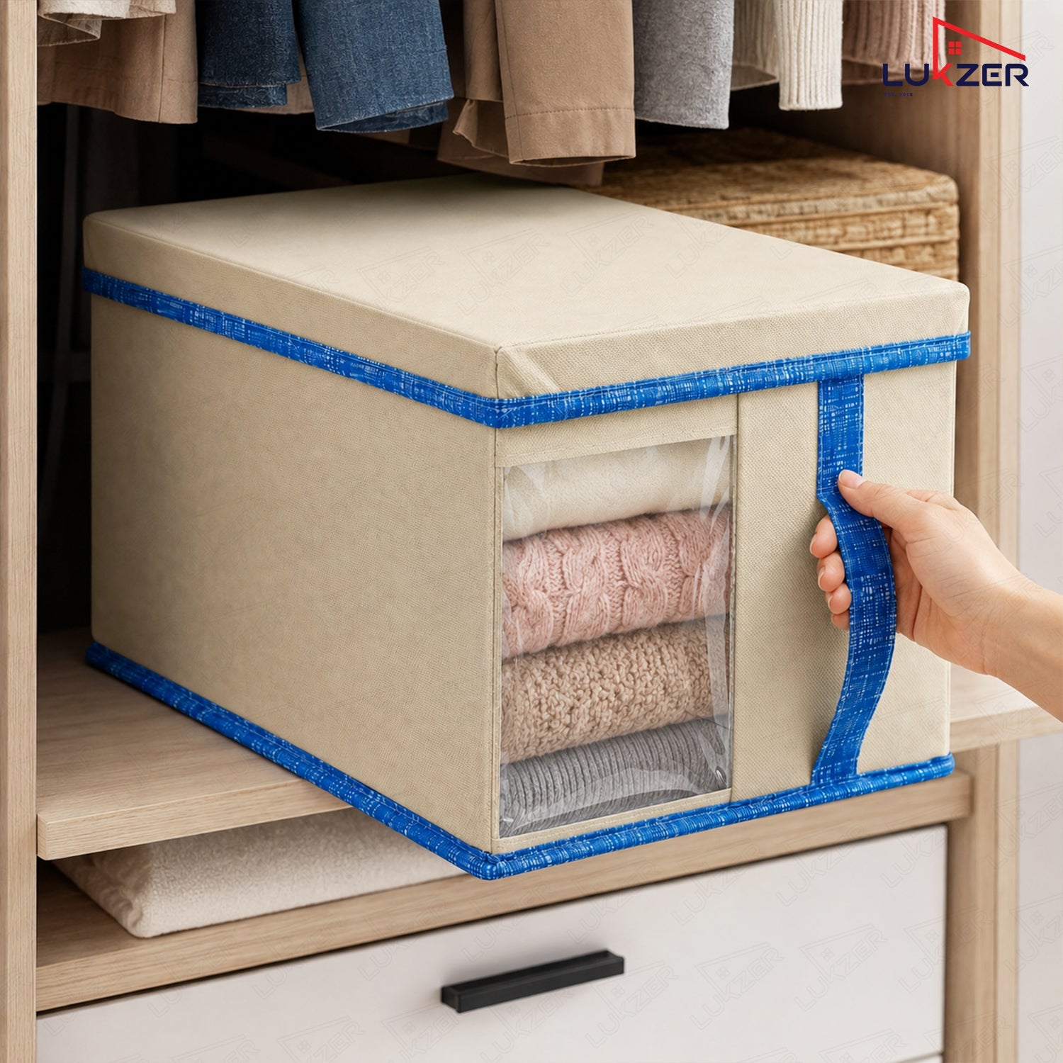 Lukzer 20 Liters Foldable Non-Woven Storage Box/Wardrobe Organizer with Lid - 1PC/Beige & Blue