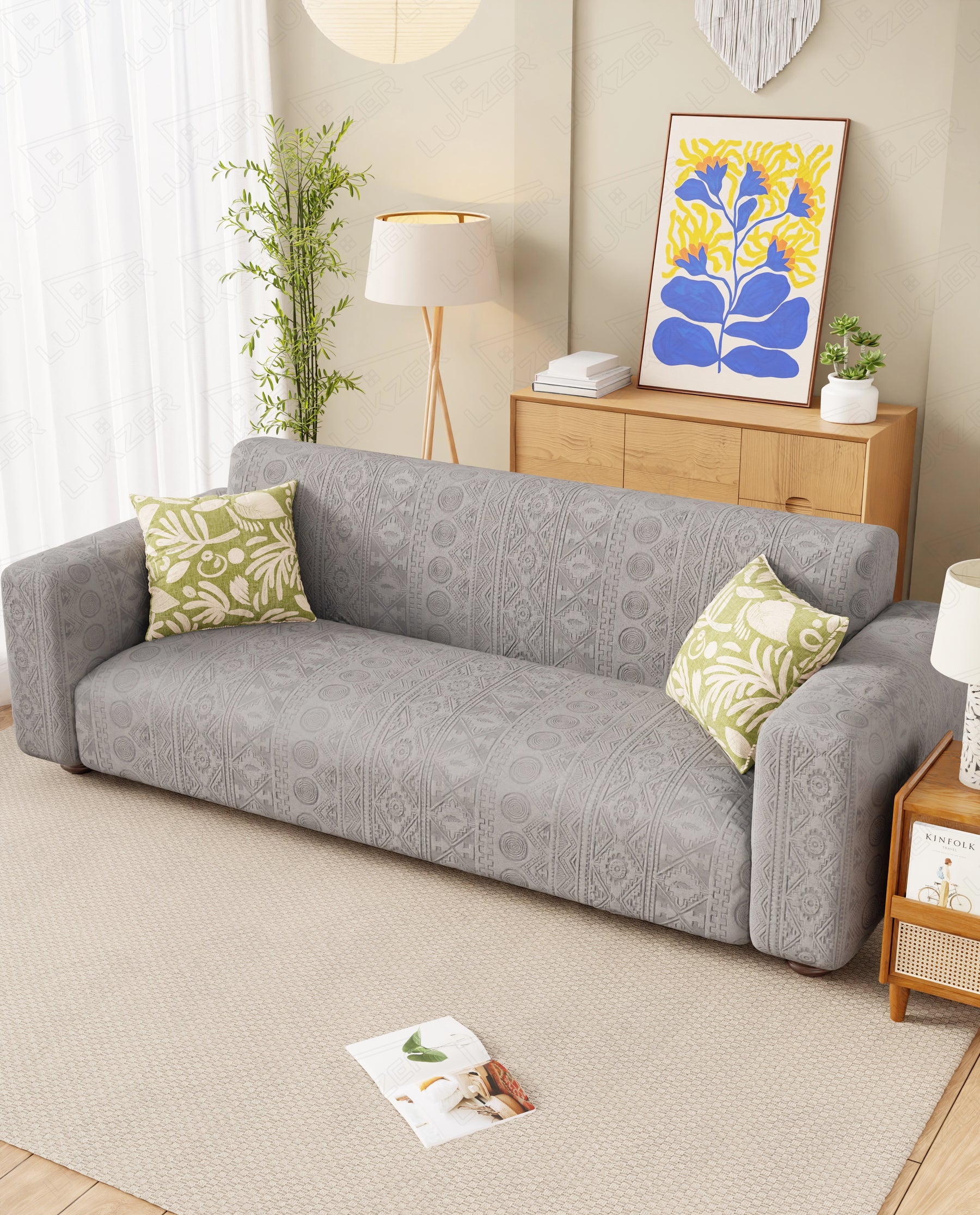 Lukzer Pastel Shades Textured Sofa Cover - Light Grey Tribal Design (SC-072-01)