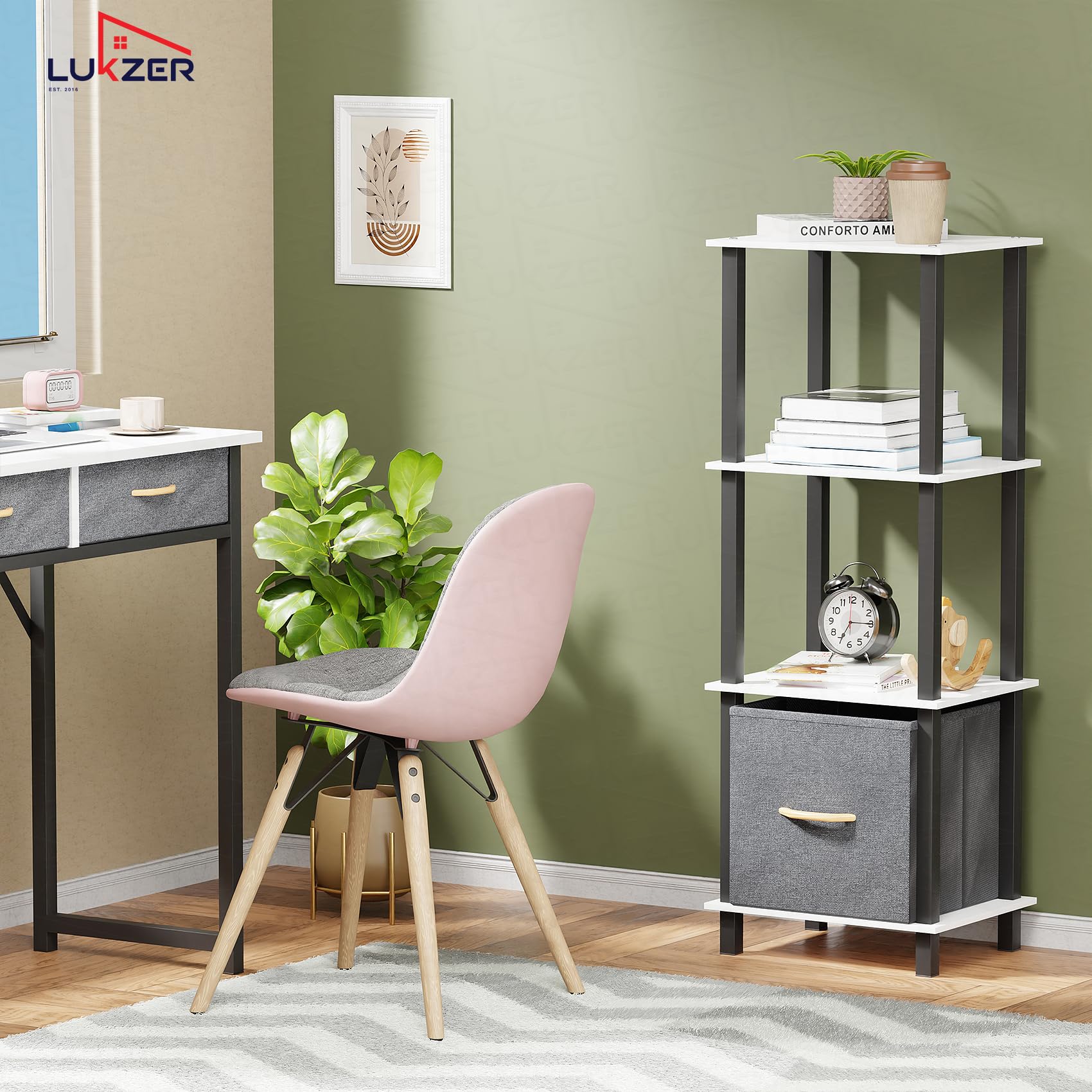 Lukzer 4-Tier Engineered Wood Bookshelf with Fabric Drawer (MRM-001/White)