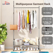 Lukzer Heavy-Duty Portable Metal Clothes Rack with Single Rod & Bottom Shelf (MGR-001/Grey)