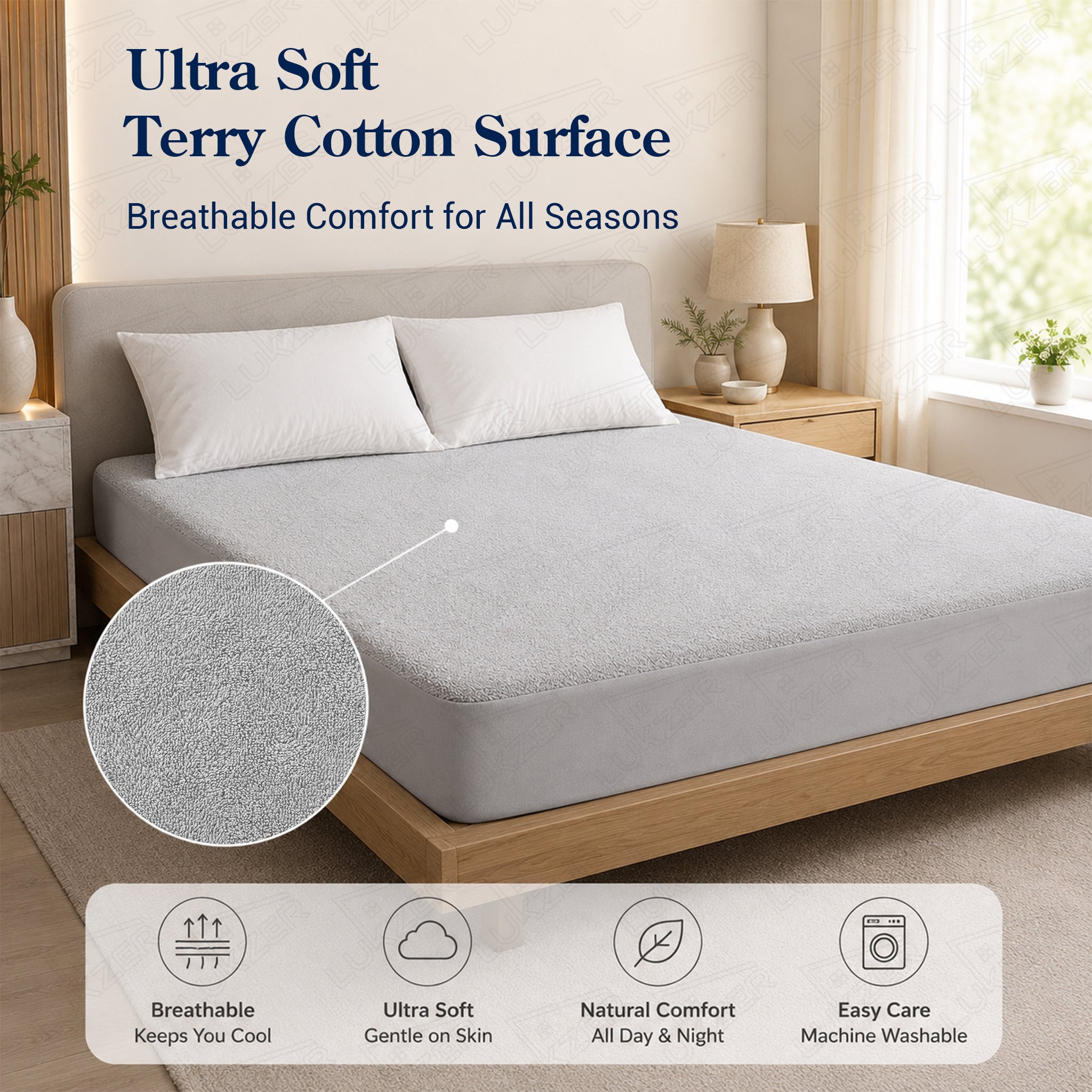 Lukzer Terry Cotton Waterproof Mattress Protector Grey (MTP-GR-001)