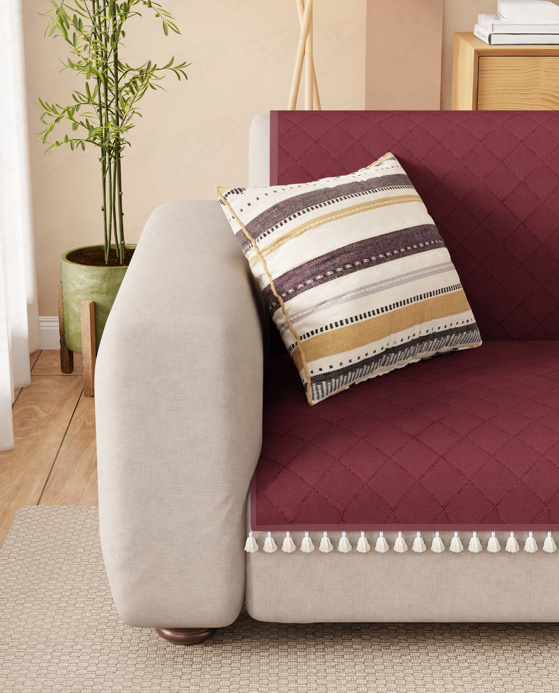 Lukzer 2 Seater Quilted Sofa Cover Mat with Tassels - Cranberry Red - SC-194-02T