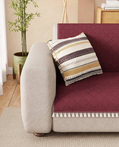 Lukzer 2 Seater Quilted Sofa Cover Mat with Tassels - Cranberry Red - SC-194-02T