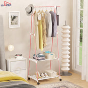 Lukzer A-Shaped Metal Garment Stand with Dual Storage Shelves & Wheels (MGR-010/Pink)