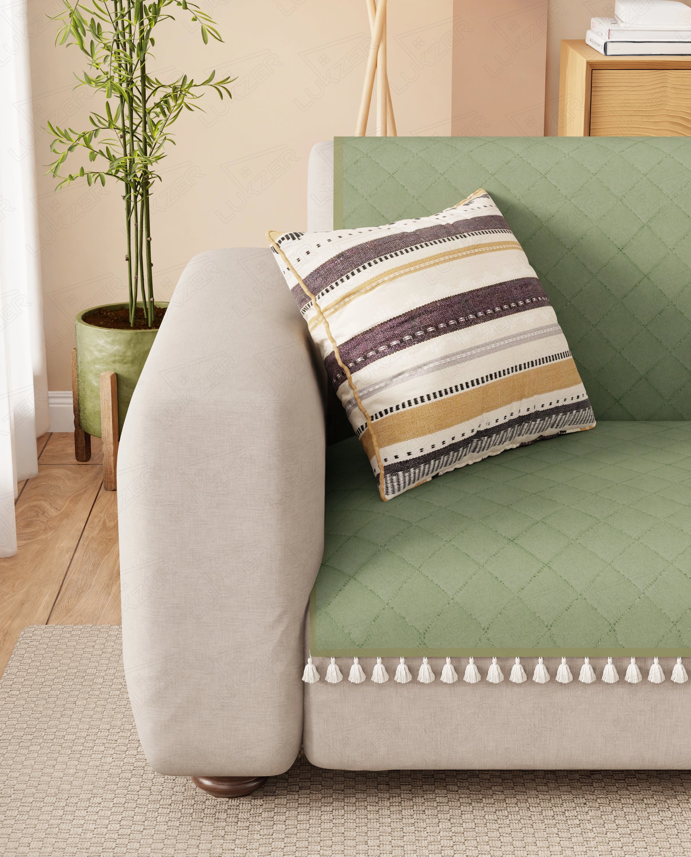 Lukzer 2 Seater Quilted Sofa Cover Mat with Tassels - Mint Green - SC-199-02T
