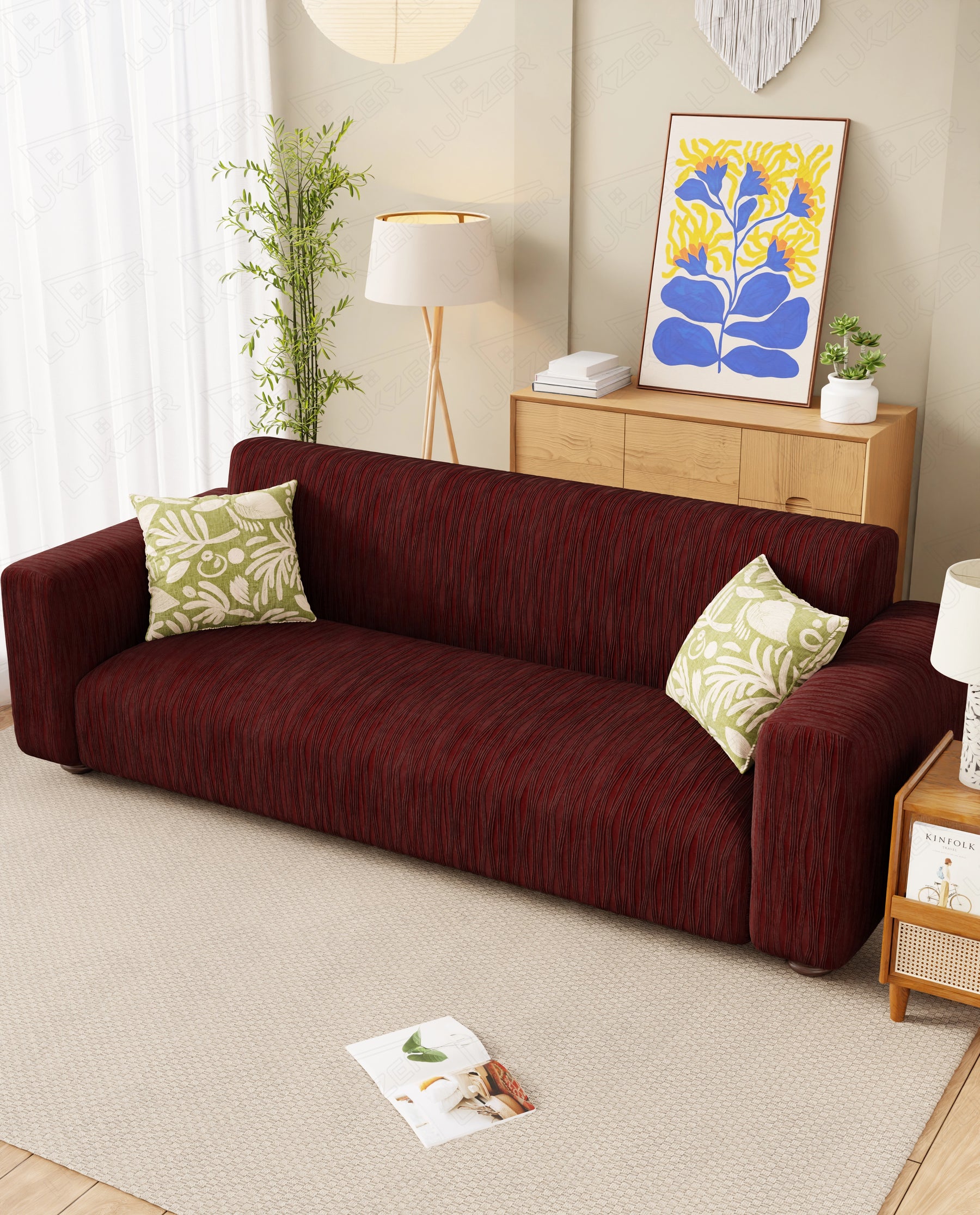 Lukzer Pastel Shades Textured Sofa Cover - Deep Maroon Wavy Stripes (SC-148-01)
