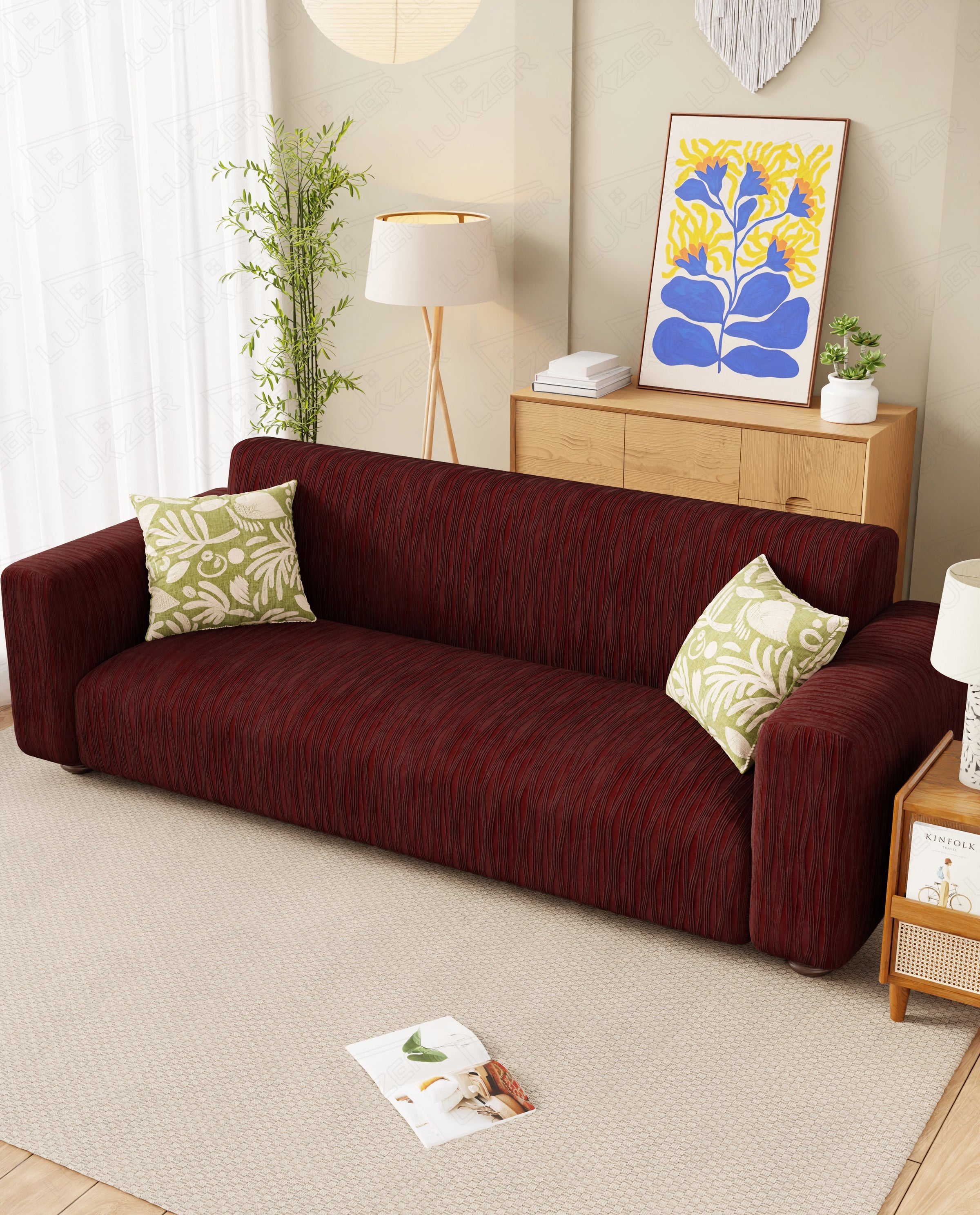 Lukzer Pastel Shades Textured Sofa Cover - Deep Maroon Wavy Stripes (SC-148-01)