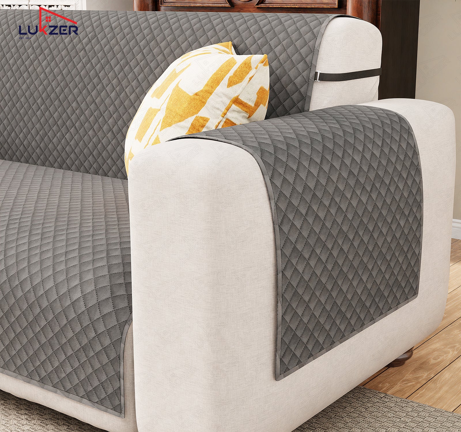 Lukzer Quilted Velvet Sofa Mat | 200 GSM Soft Washable &amp; Removable Couch Protector | Anti-Slip Elastic Strap Cover for Living Room, Pet &amp; Spill Protection