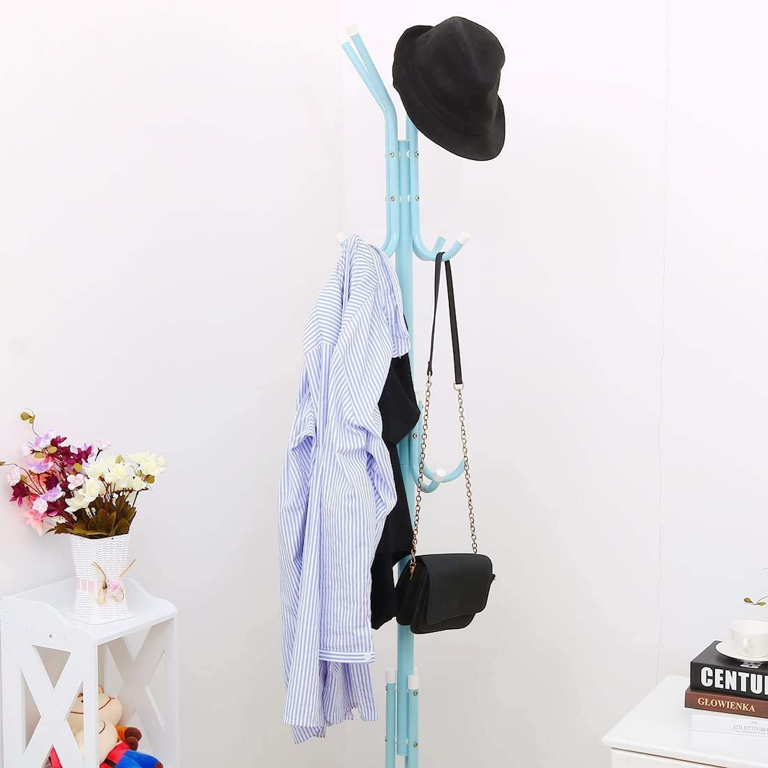 Lukzer 8-Hook Freestanding Metal Coat Stand – Stylish & Durable (Blue/White/Black, 170x42cm