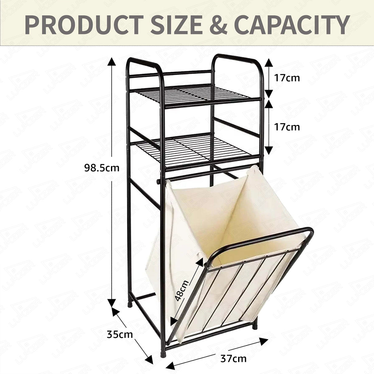 Lukzer Laundry Basket with 2-Tier Metal Storage Shelves & Detachable Fabric Hamper (Black)