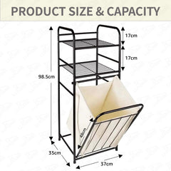 Lukzer Laundry Basket with 2-Tier Metal Storage Shelves & Detachable Fabric Hamper (Black)