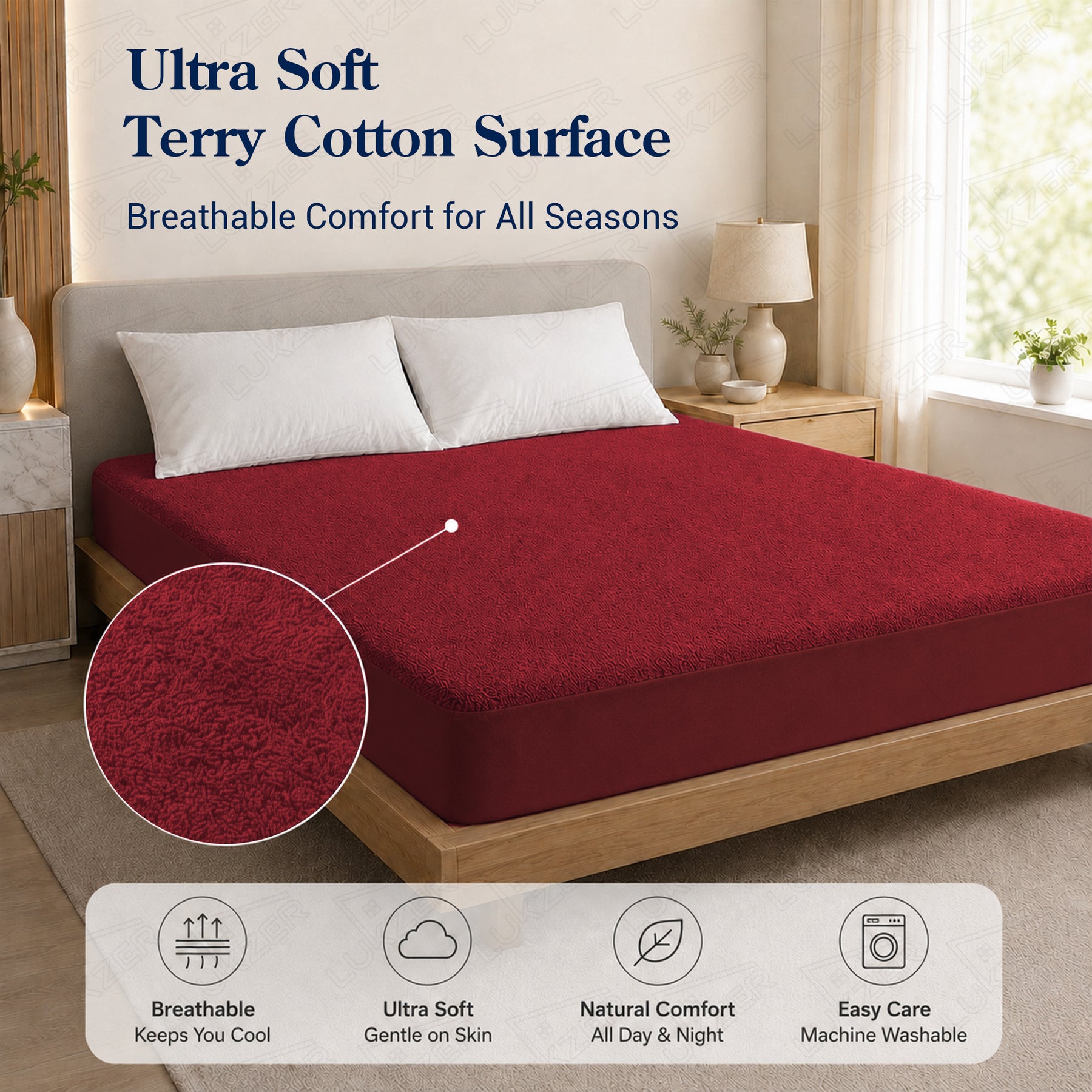 Lukzer Terry Cotton Waterproof Mattress Protector Maroon (MTP-MAR-001)