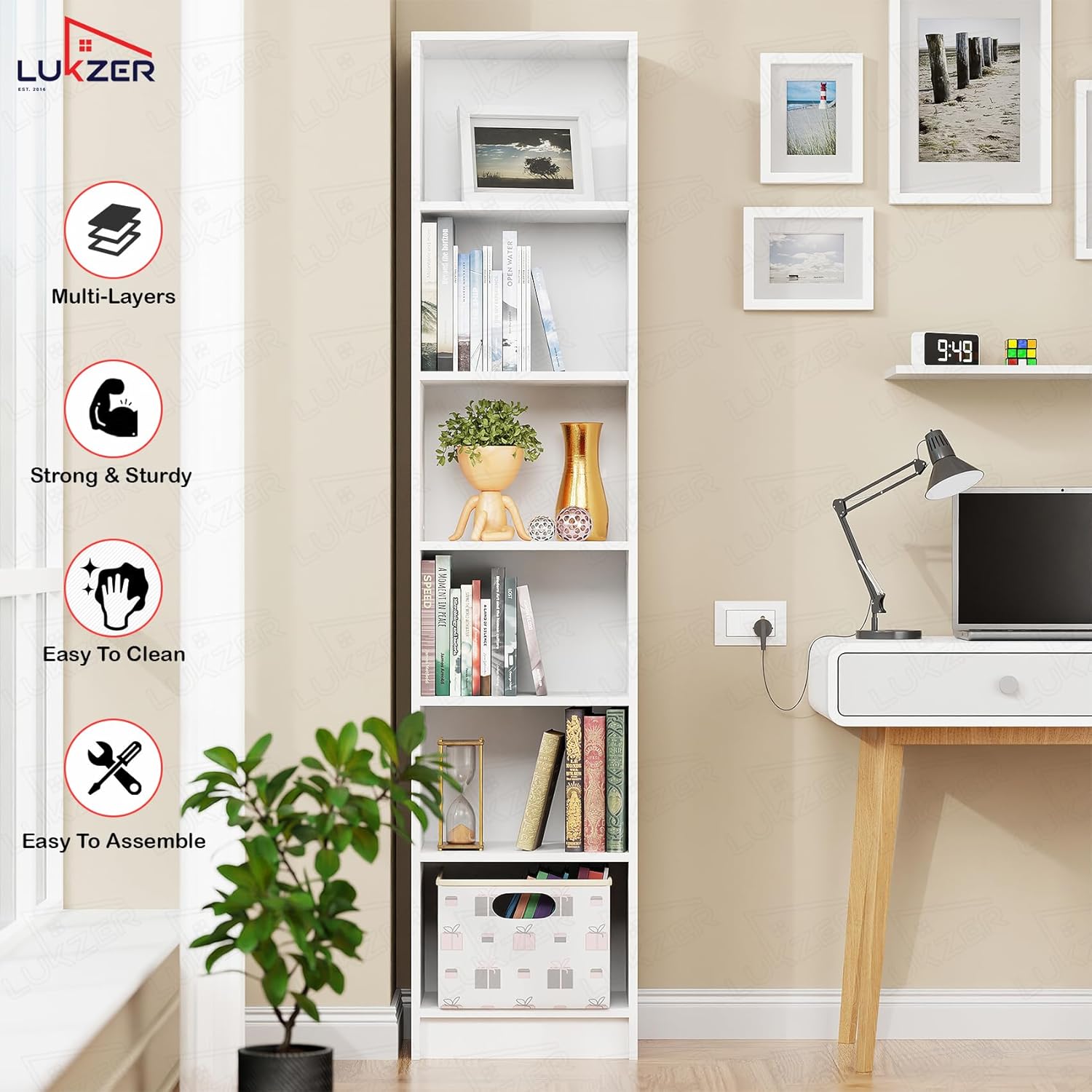 Lukzer Multipurpose Bookshelf Engineered Wood Closed Back Rack (MR-006/White)