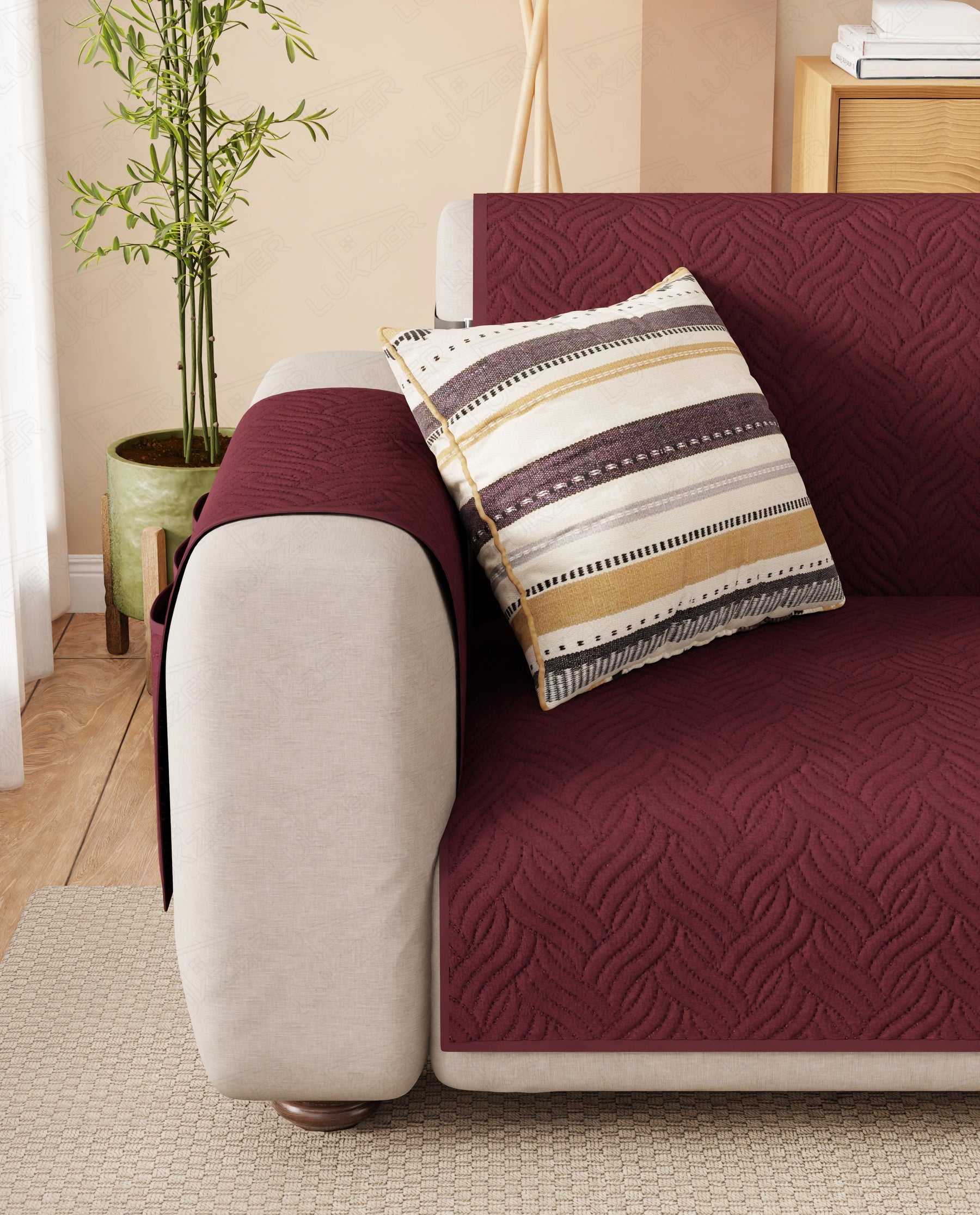 Lukzer Reversible Quilted Sofa Mat with Arms Aqua Weave Maroon (SC-218-01)