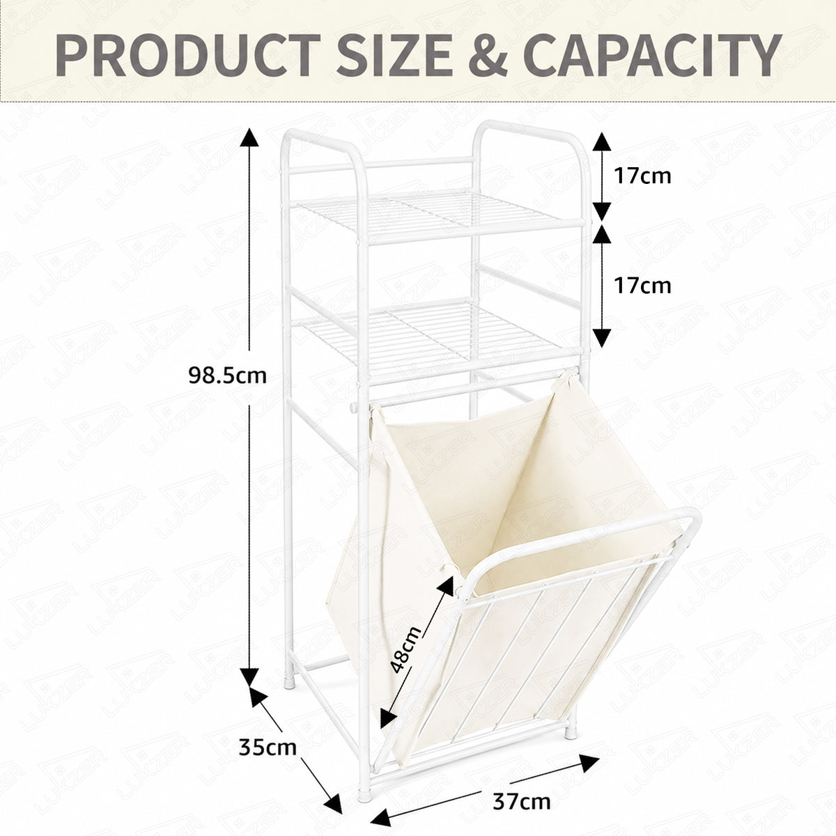 Lukzer Laundry Basket with 2-Tier Metal Storage Shelves & Detachable Fabric Hamper (White)