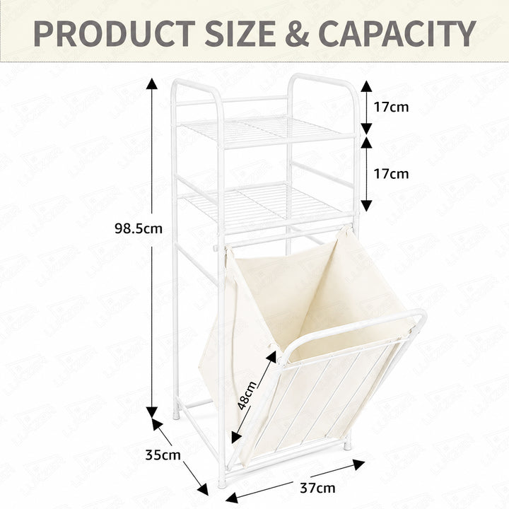 Lukzer Laundry Basket with 2-Tier Metal Storage Shelves & Detachable Fabric Hamper (White)