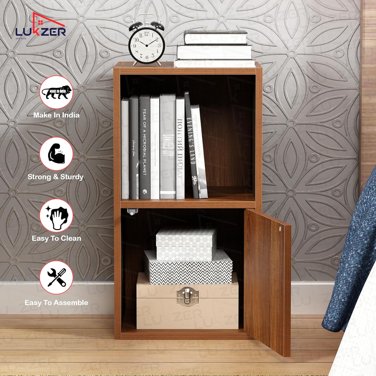 Lukzer Engineered Wood 2 Layer Storage Cabinet with Open Display Rack (MR-021/Oak Brown)