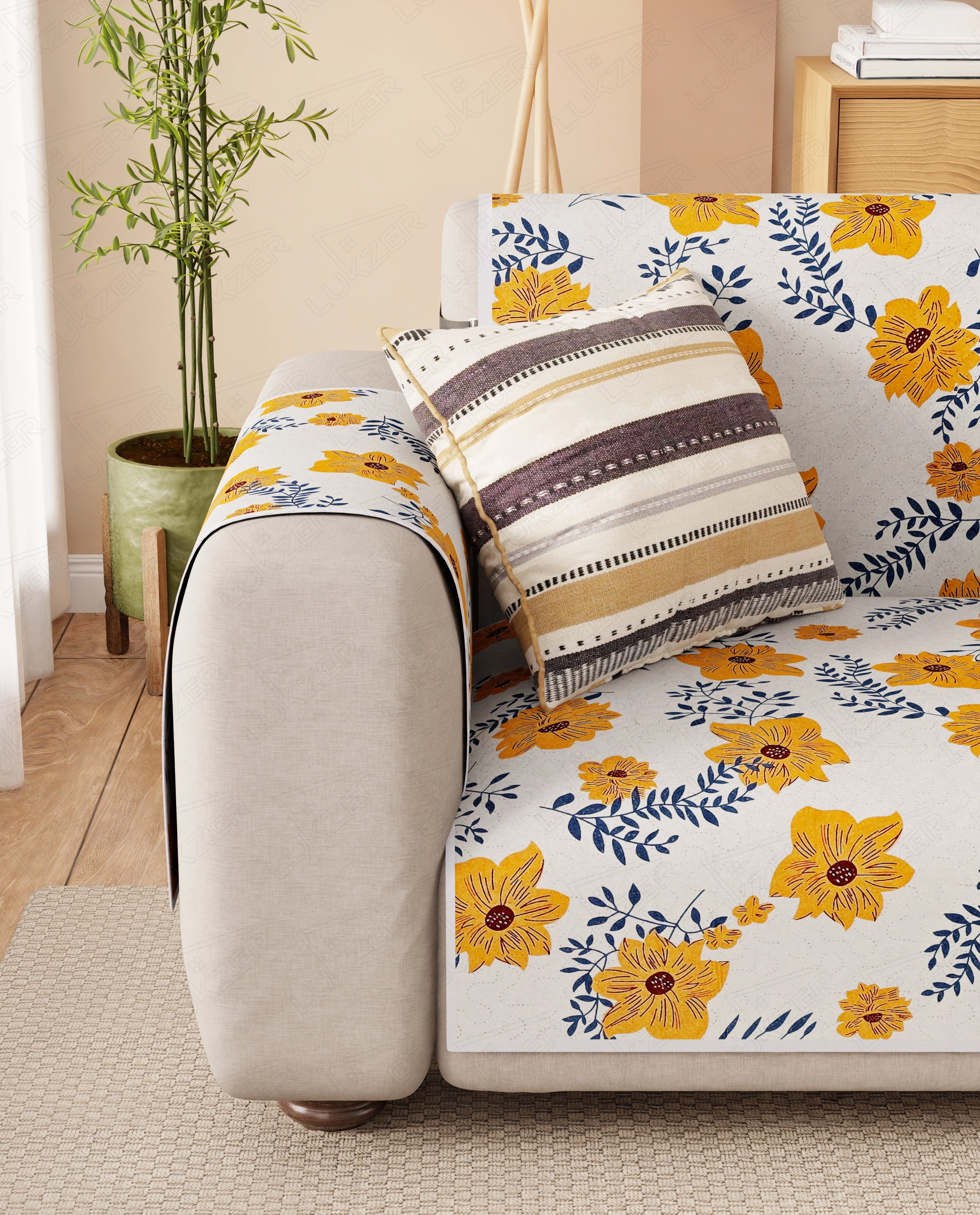 Lukzer Reversible Quilted Sofa Mat with Arms Brick Bloom (SC-201-01)