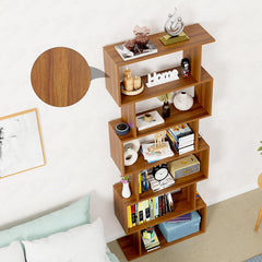 Lukzer 6-Layer S-Shaped Ladder Engineered Wood Open Bookshelf Rack (MR-002, Oak Brown)