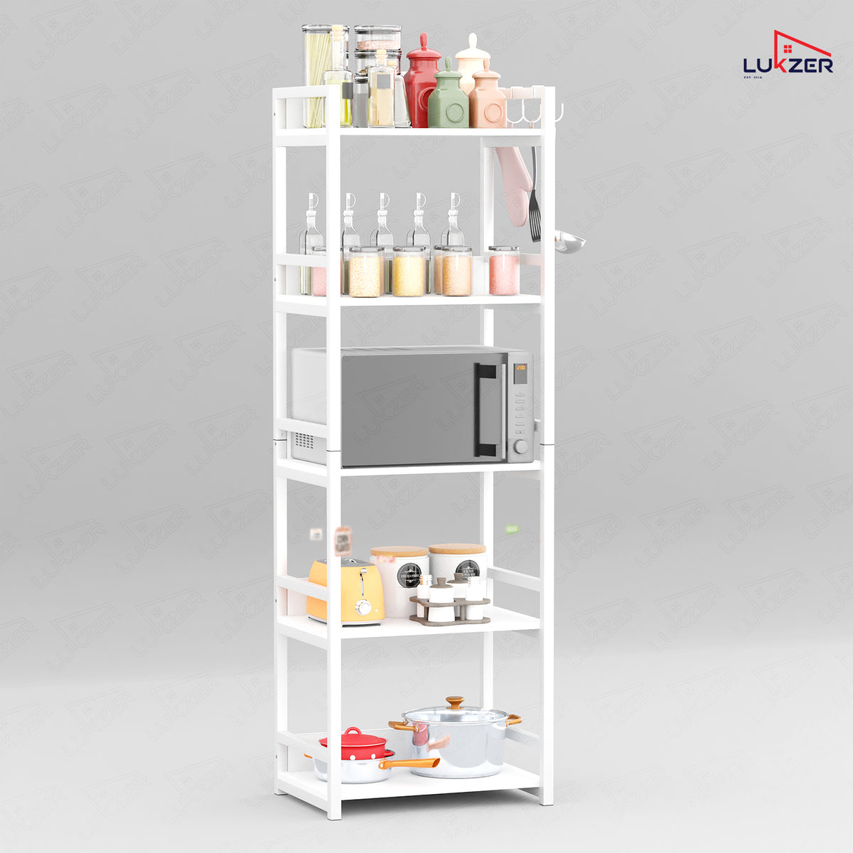 Lukzer 5-Tier Multipurpose Metal & Wood Kitchen Storage Rack (MKR-005/White & White)