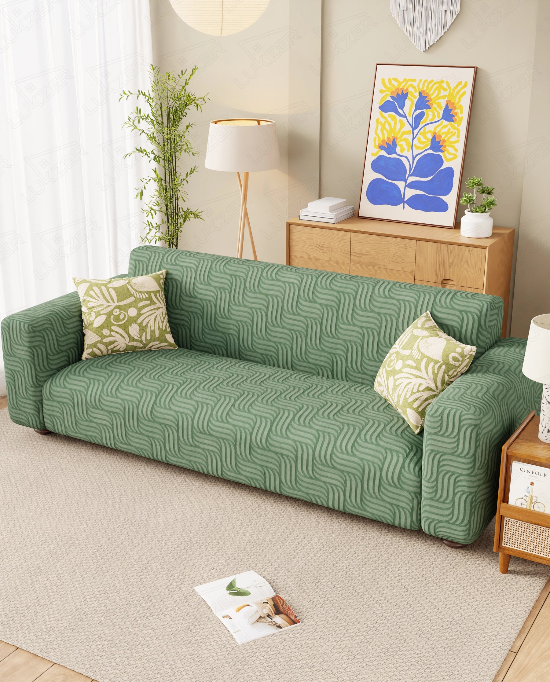 Lukzer Pastel Shades Textured Sofa Cover -  Green Ripple Lines (SC-160-01)