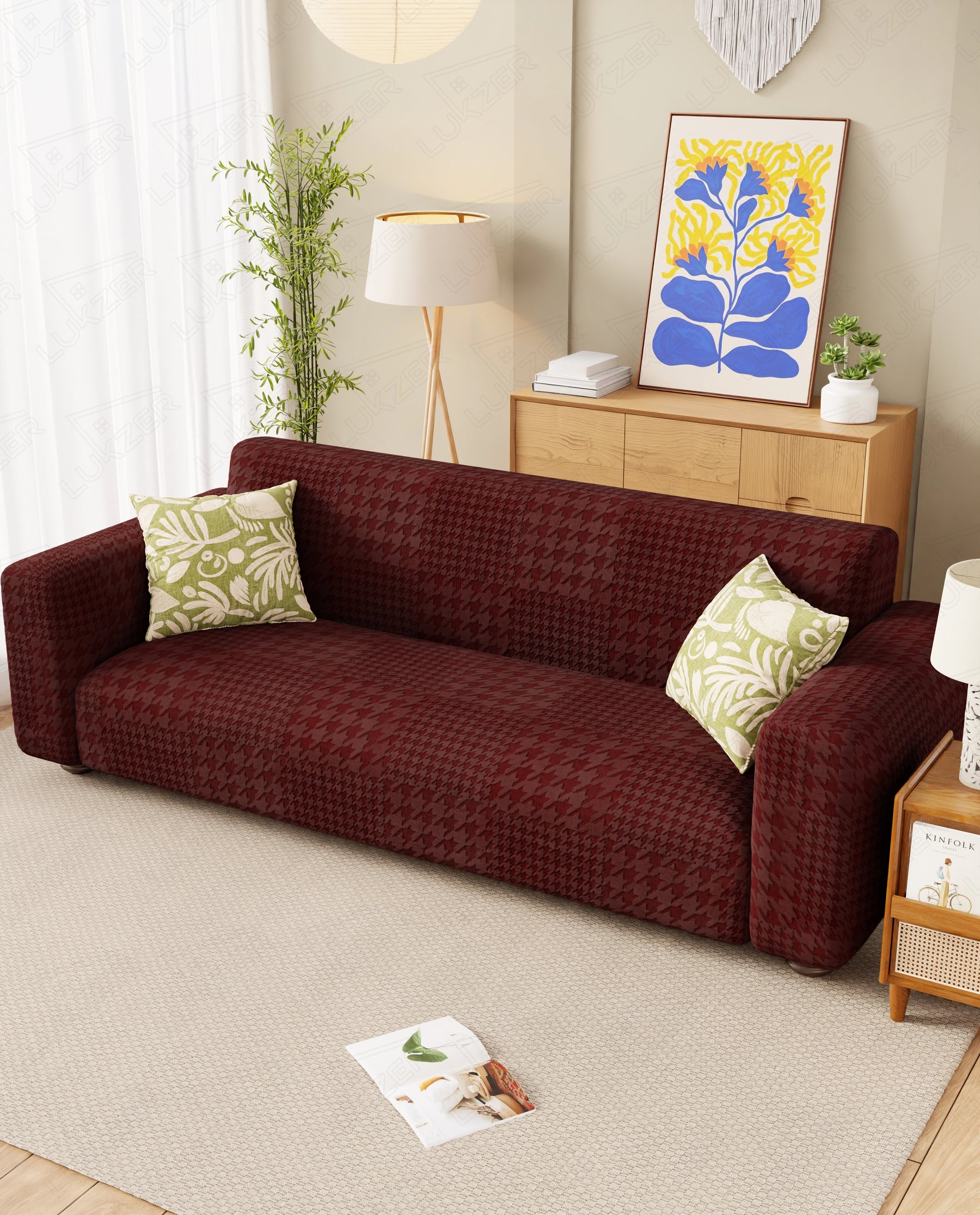 Lukzer Pastel Shades Textured Sofa Cover - Deep Maroon Square Knit (SC-179-01)