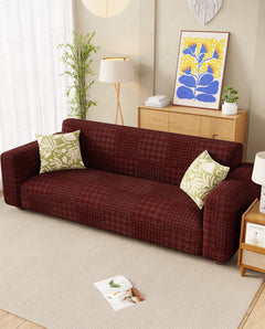 Lukzer Pastel Shades Textured Sofa Cover - Deep Maroon Square Knit (SC-179-01)