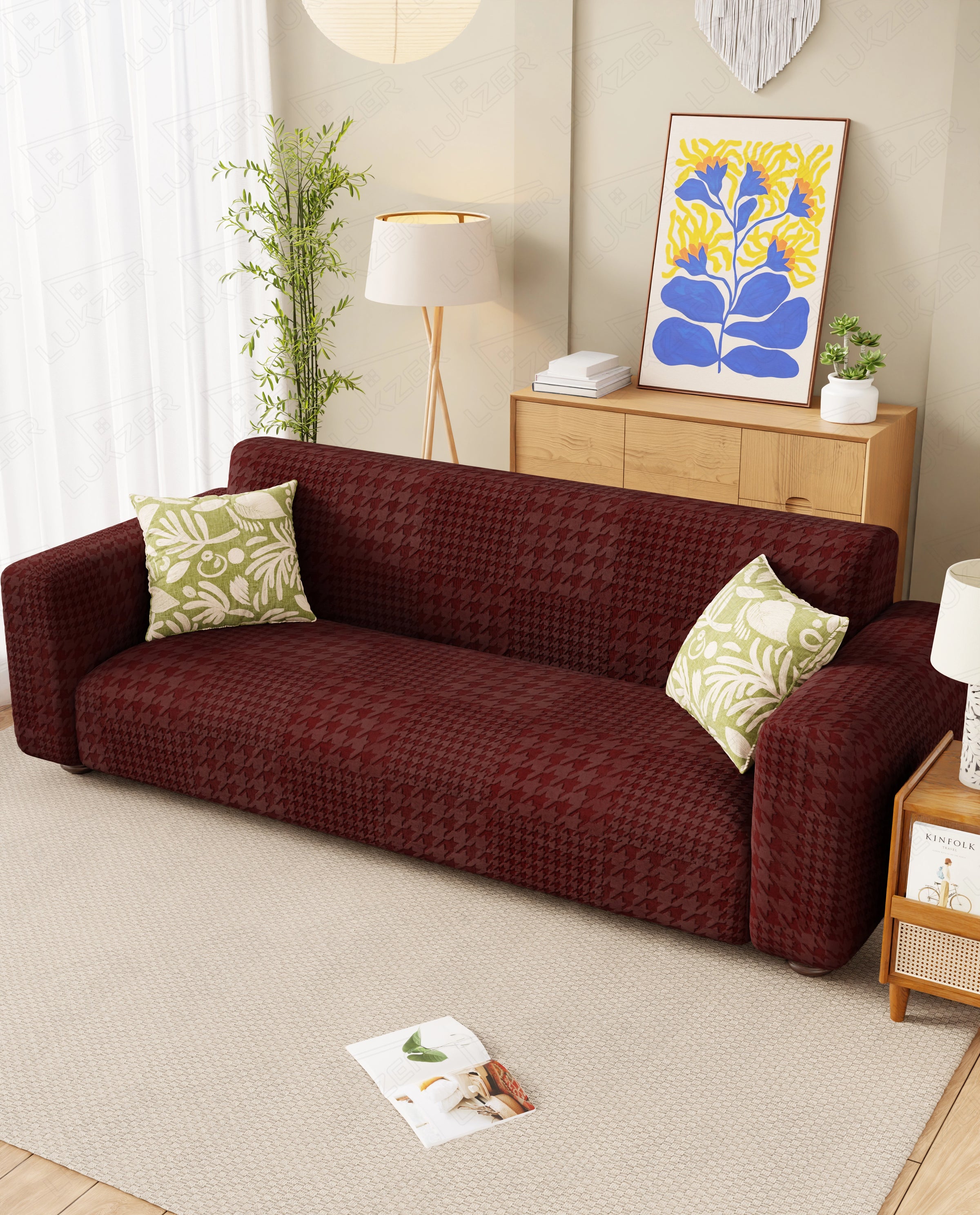 Lukzer Pastel Shades Textured Sofa Cover - Deep Maroon Square Knit (SC-179-01)
