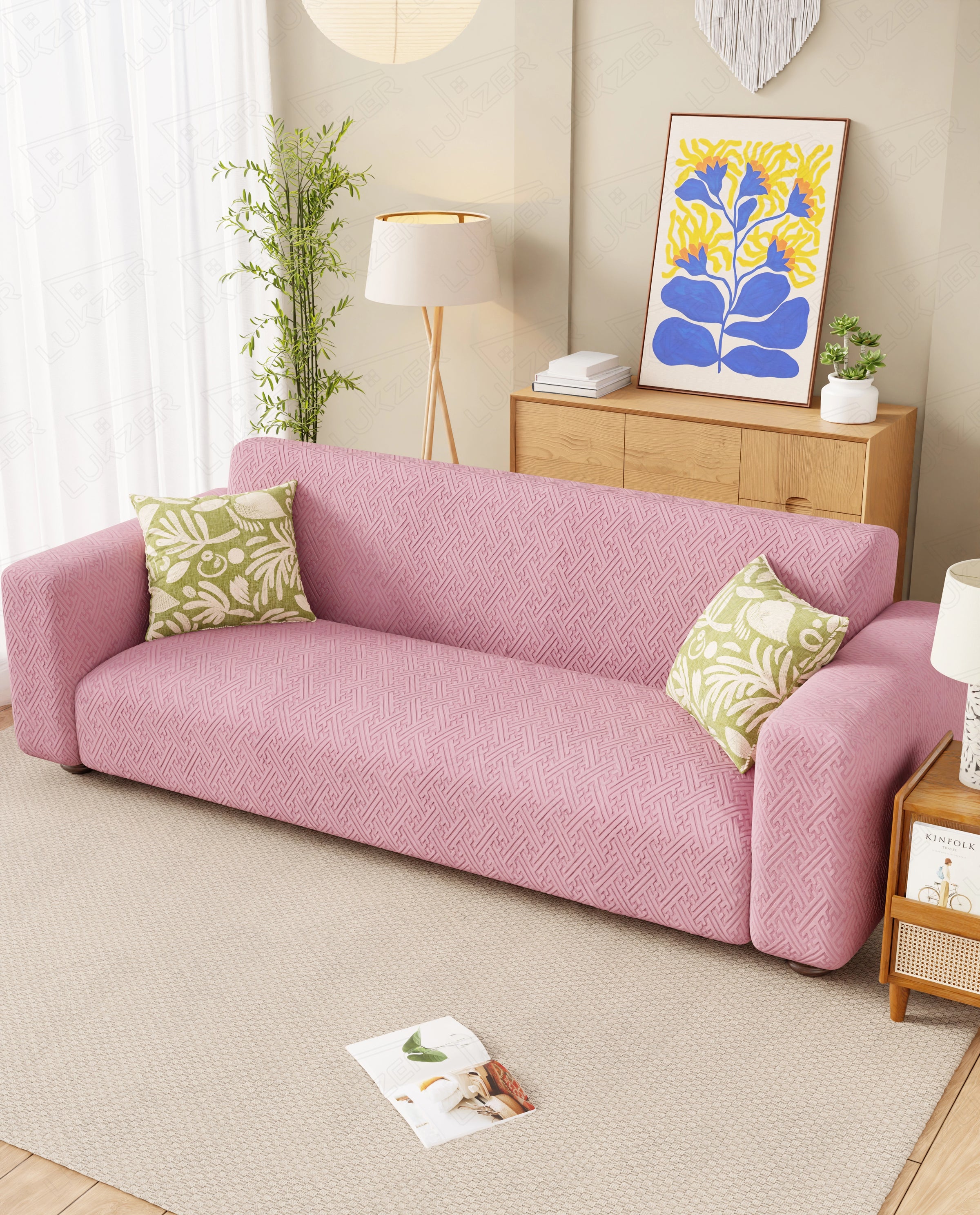 Lukzer Pastel Shades Textured Sofa Cover Pink Grid Maze (SC-108-01)