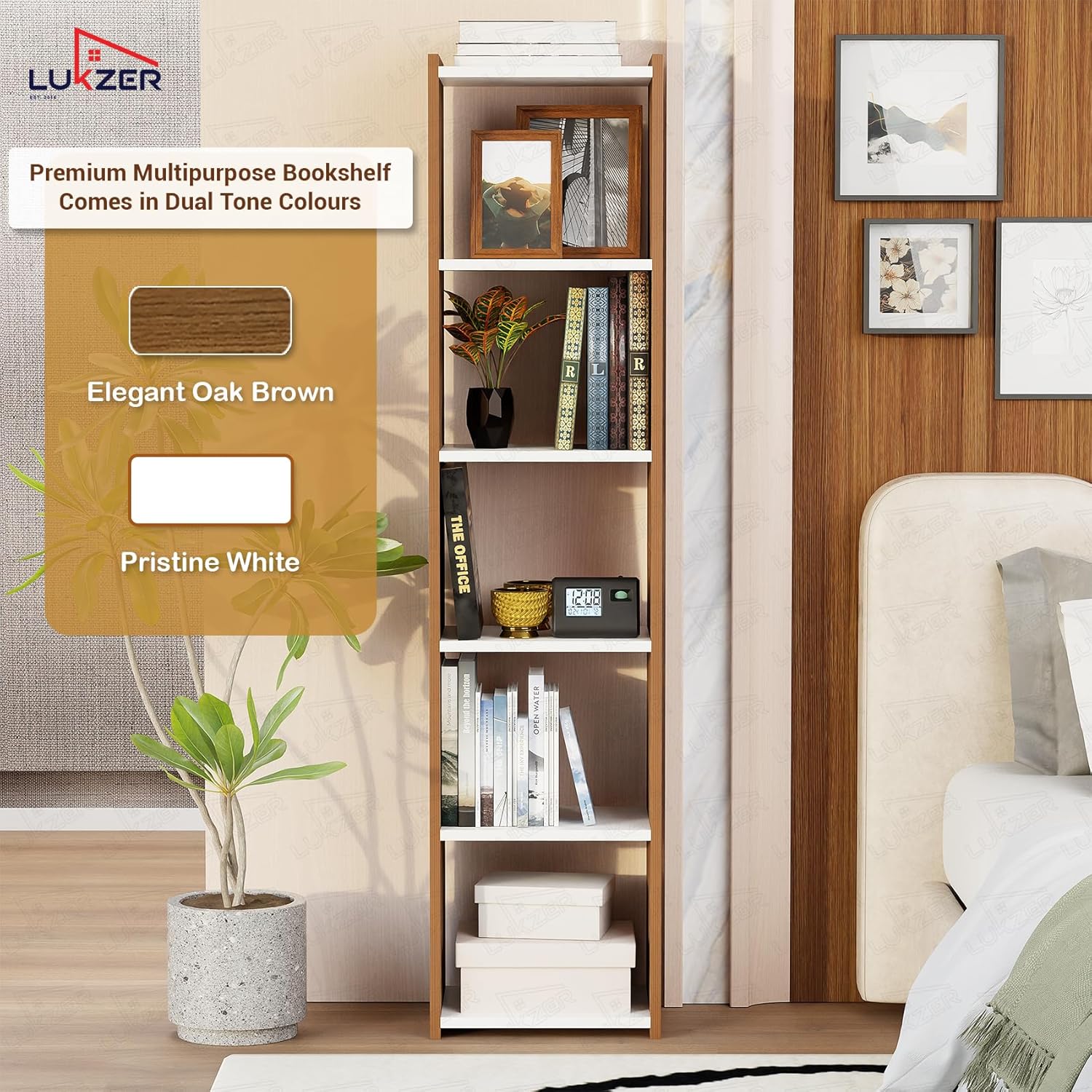 Lukzer Dual Tone Engineered Wood 5-Layer Bookshelf Easy to Assemble (MR-013/White & Oak Brown)