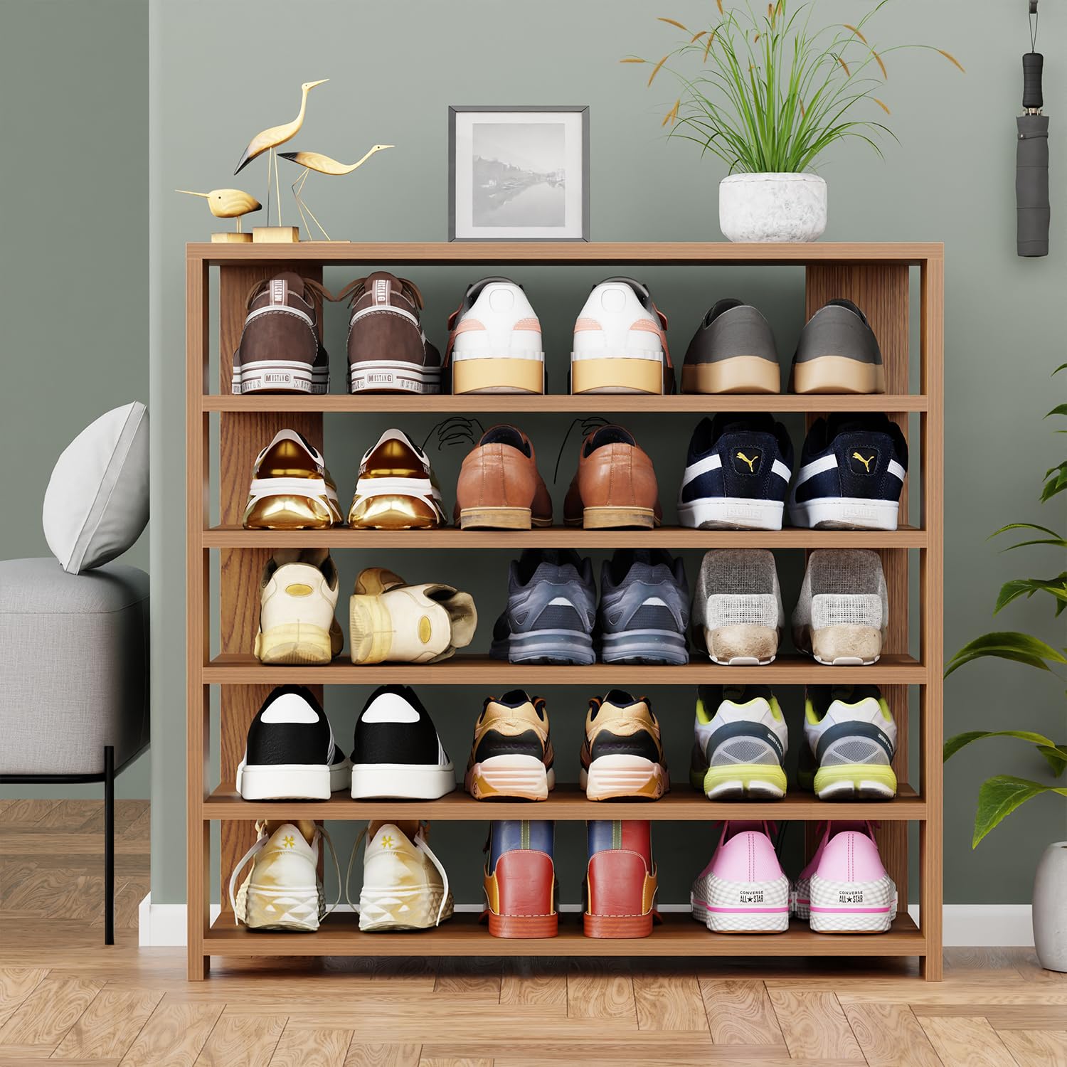 Lukzer 5-Tier Engineered Wood Shoe Rack | Multipurpose Storage Shelf (SR-002/Oak Brown)