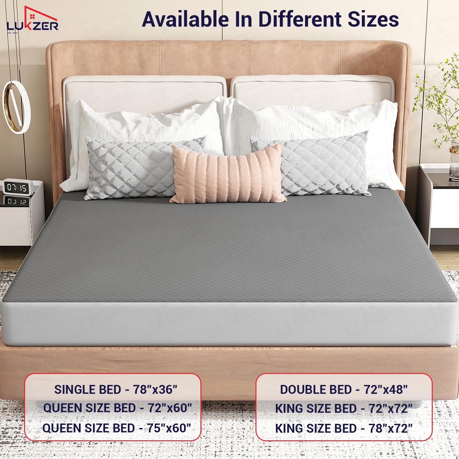 Lukzer Quilted Cotton Waterproof Mattress Protector Grey (MTP-QGR-001)