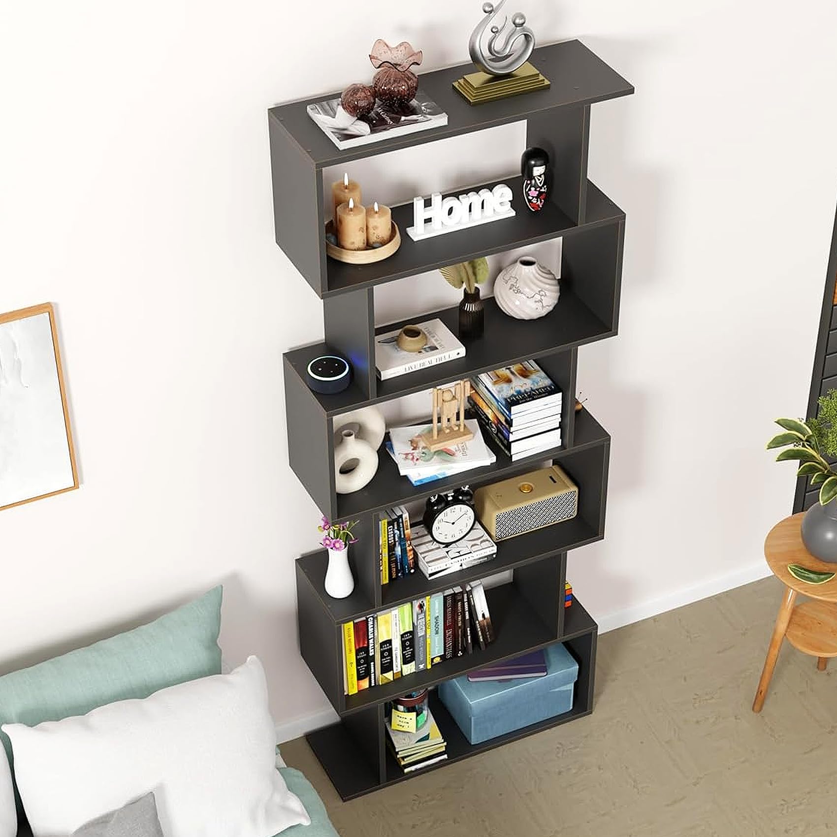 Lukzer 6-Layer S-Shaped Ladder Engineered Wood Open Bookshelf Rack (MR-002, Black)