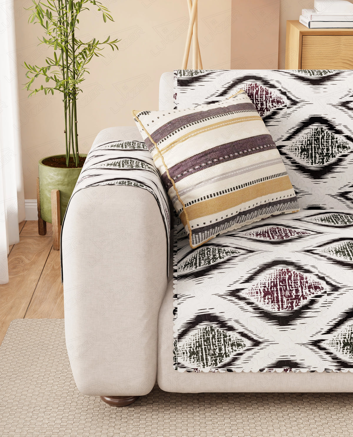 Lukzer Quilted Reversible Ikat Rose Sofa Mat with WaveEdge Ultrasonic Cut (WITH BACK & HAND REST) - SC-203-01WB